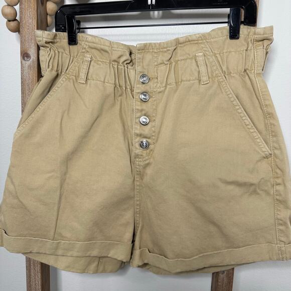 Topshop Paper Bag Tan Button Fly Shorts Size 12 - Picture 2 of 9